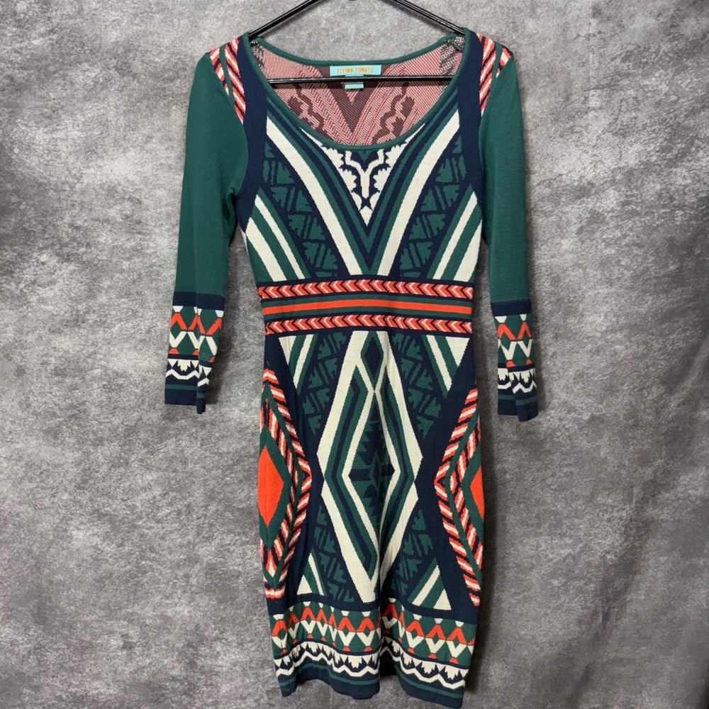 Flying Tomato Knit Sweater Dress Size S Green Red Geometric Aztec Southwestern